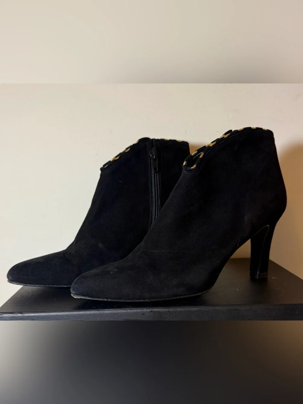 Stuart Weitzman Black Suede Booties w/Gold Chain Details, Great Condition!